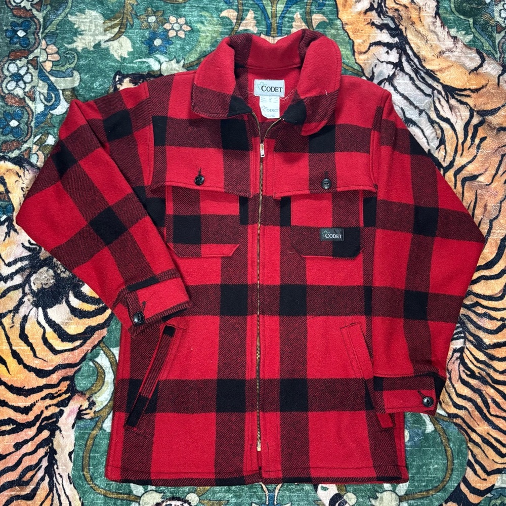 Vintage Codet Buffalo Plaid Jacket Mackinaw 100% Wool Red Full Zip Coat Small